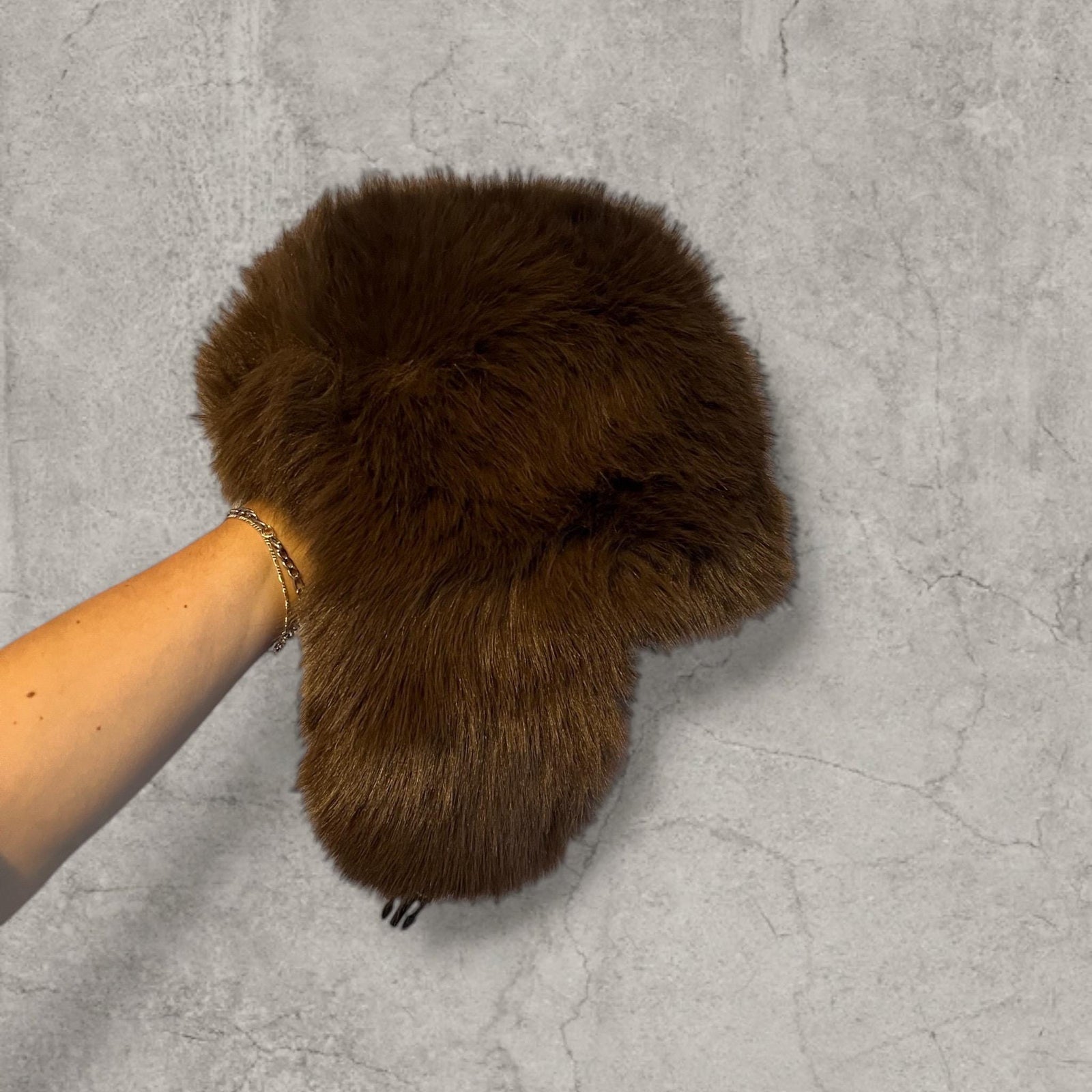 Russian Ushanka fluffy winter hat in brown grey faux fur thick fluff. One size.