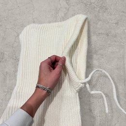 Cream White Knitted Bonnet Snood Scarf Hat – Adjustable Drawstring Winter Warmth