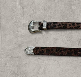 Vintage style faux leather western cowboy belt in brown leopard with silver trim. 103cm.