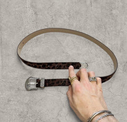Vintage style faux leather western cowboy belt in brown leopard with silver trim. 103cm.