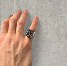 Cool vintage style silver stainless steel ring with route 66. One size.