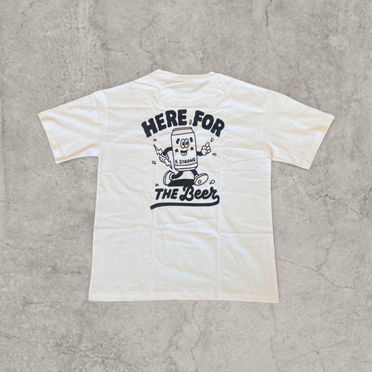 Back of white T-shirt with large black graphic of a cartoon beer can and text 'Here for the Beer'