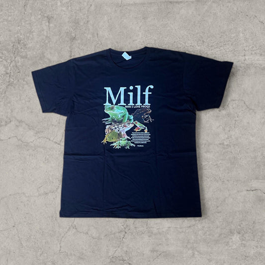 Black T-shirt laid flat with large frog graphic and Milf text on front centre