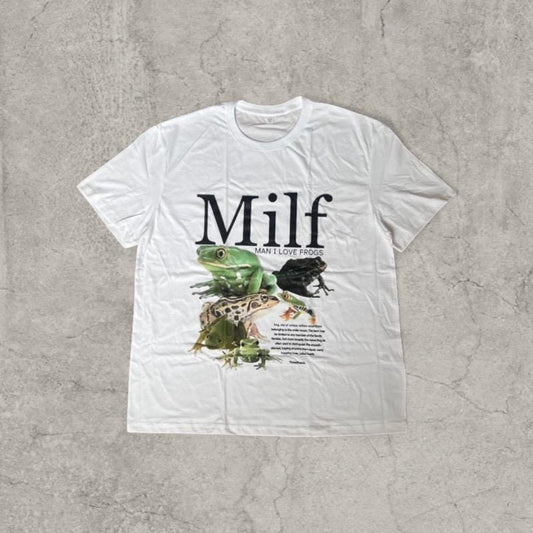 White vintage style T-shirt laid flat showing front with large frog graphic and Milf text