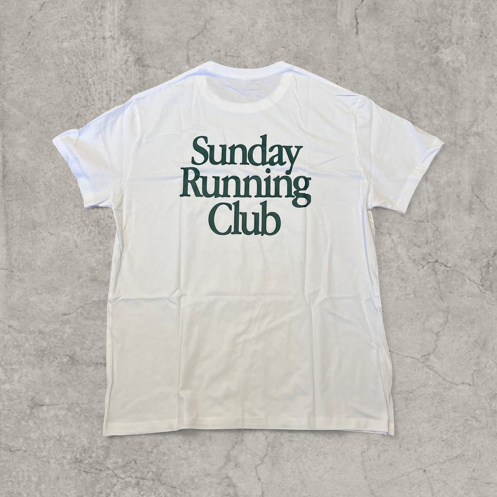 Sunday Running Club vintage style T-shirt with back graphic in white.