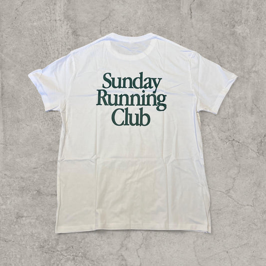 White T-shirt laid flat showing large dark green Sunday Running Club graphic print on the back