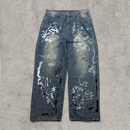 Insane baggy relaxed fit in washed  blue with graffiti white black print.