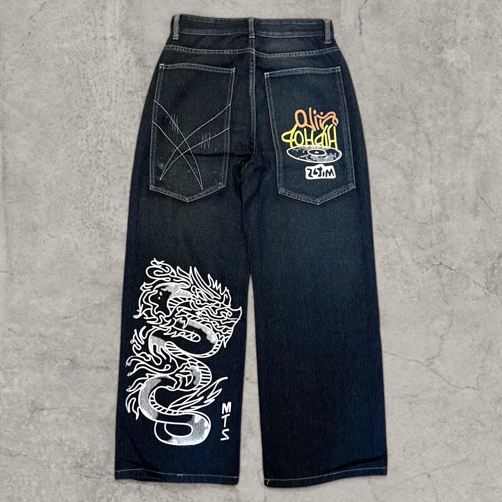 wide leg skater Japanese style dragon jeans in navy blue.