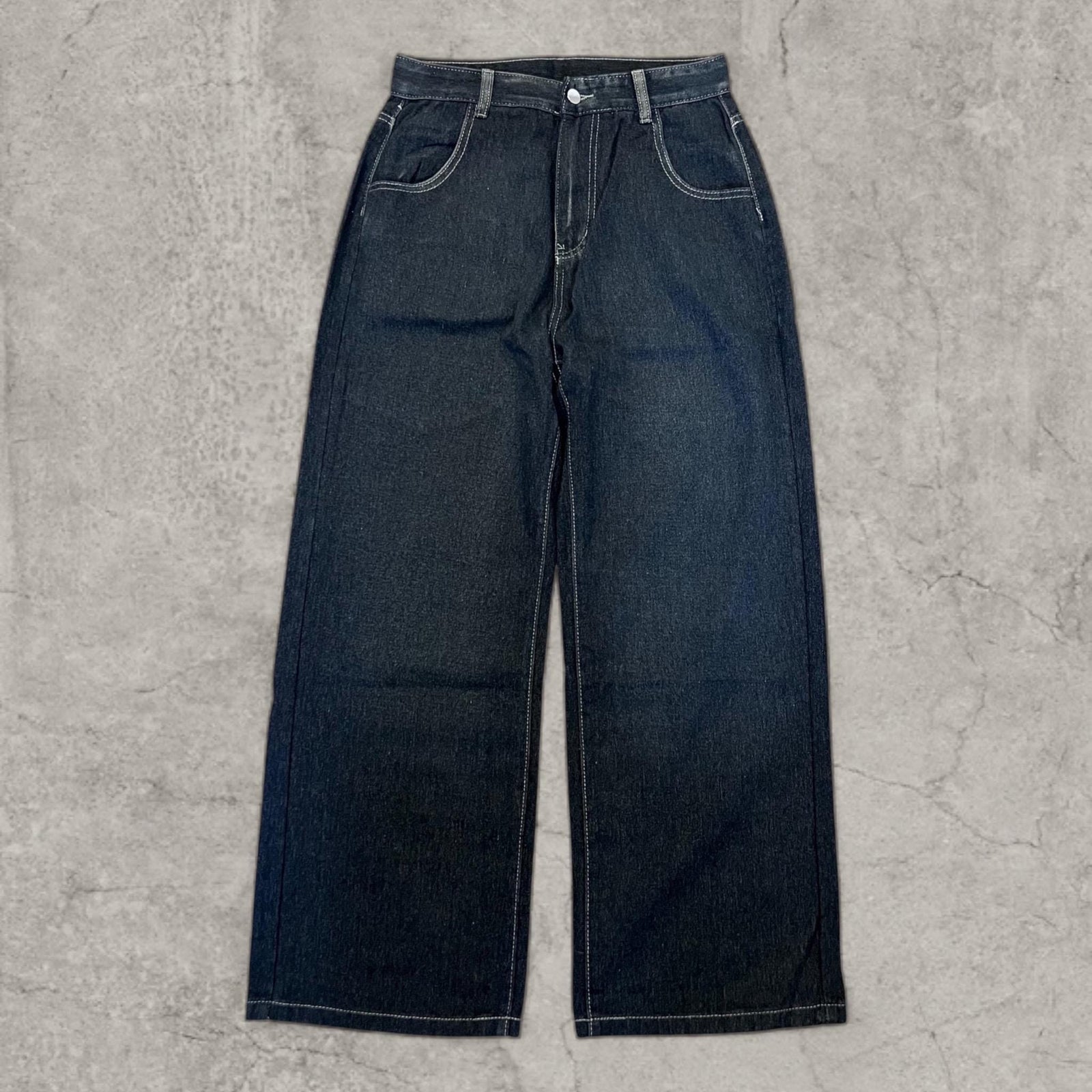 wide leg skater Japanese style dragon jeans in navy blue.