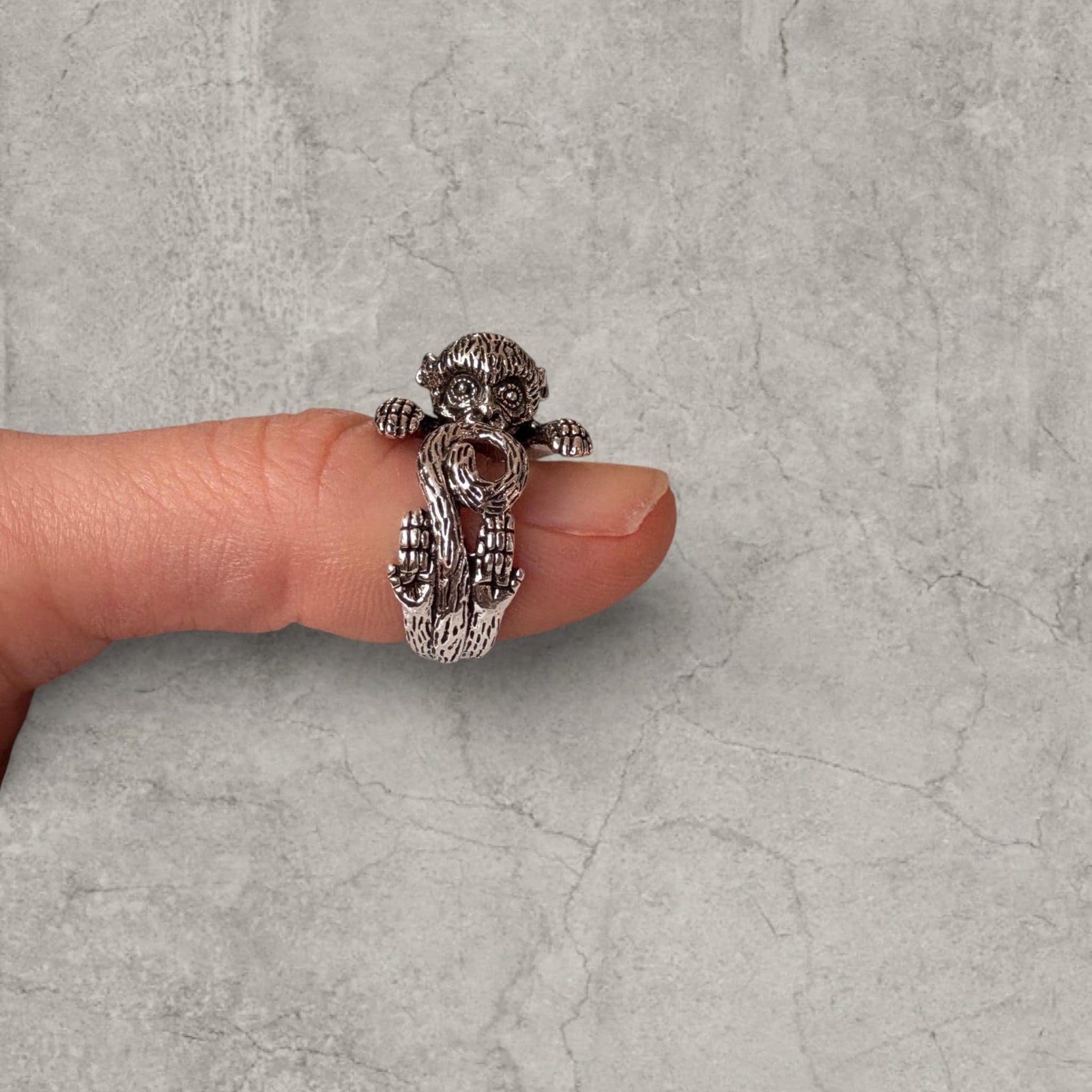 Cool vintage style silver stainless steel ring with monkey animal face. One size.