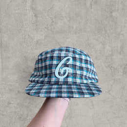 Vintage style baseball cap in plaid checkered blue white with white logo