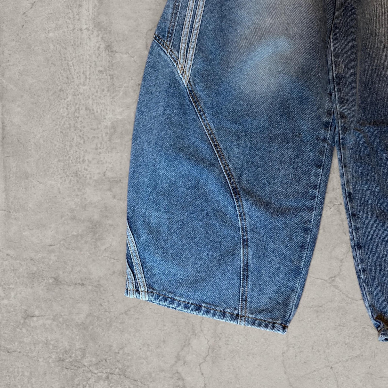 Japanese wide-leg skater jeans with stripe detailing in washed blue