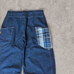 wide leg skater Japanese style plaid jeans in navy blue.