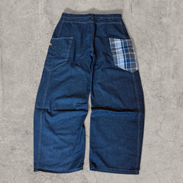 wide leg skater Japanese style plaid jeans in navy blue.