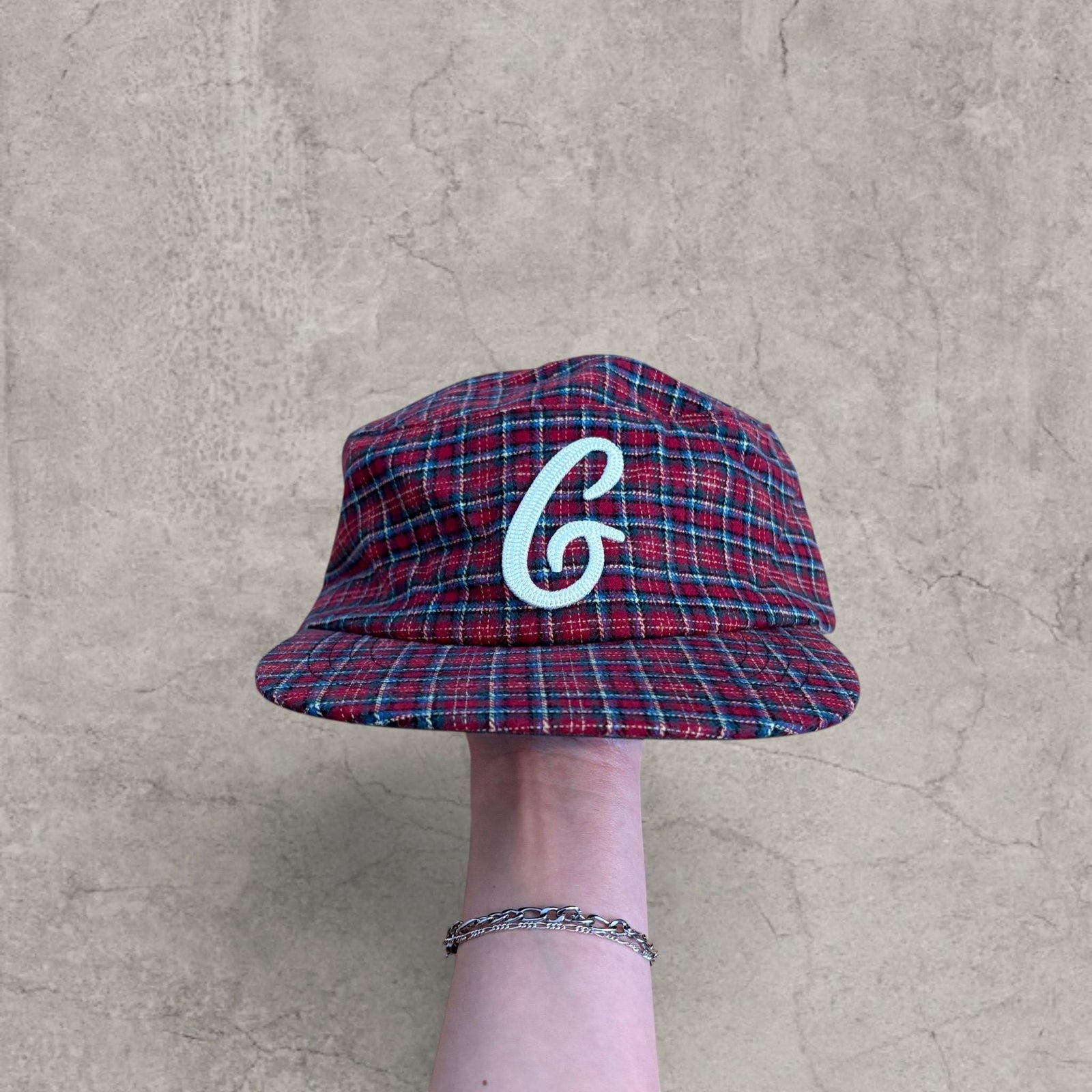 Vintage style baseball cap in plaid checkered red burgundy white with white logo
