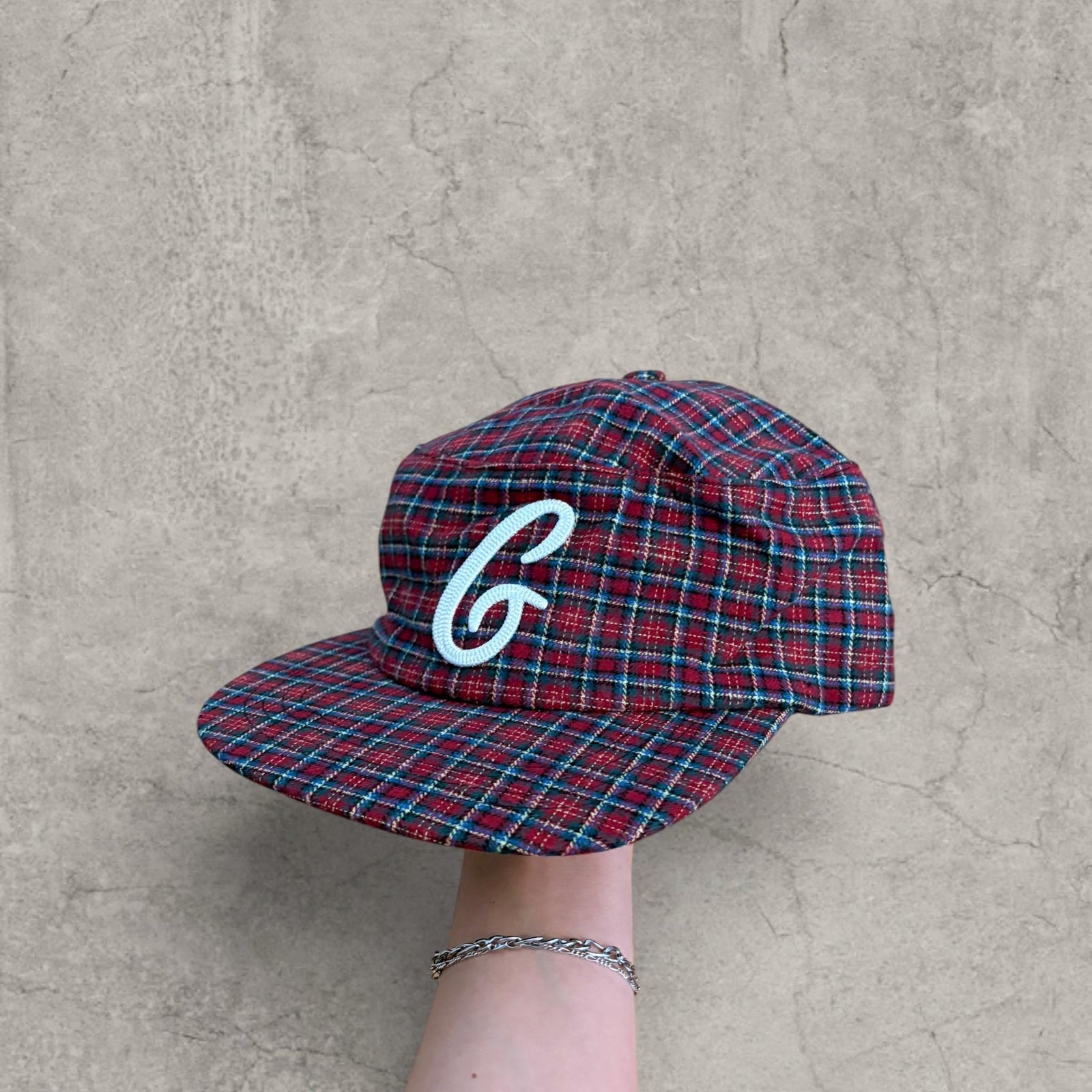Vintage style baseball cap in plaid checkered red burgundy white with white logo