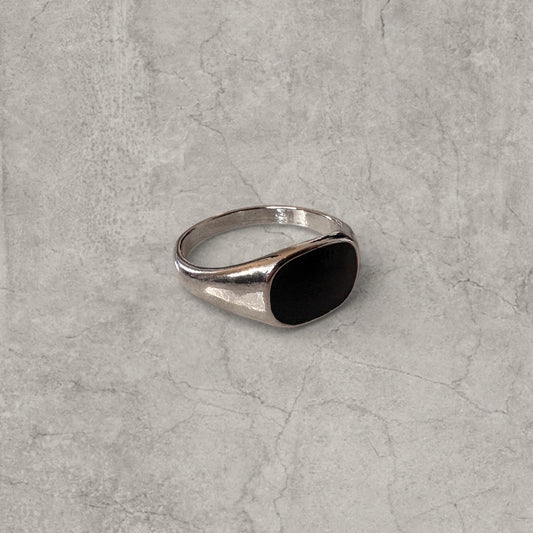 Silver colour stainless steel signet ring with a black square onyx-style gem face