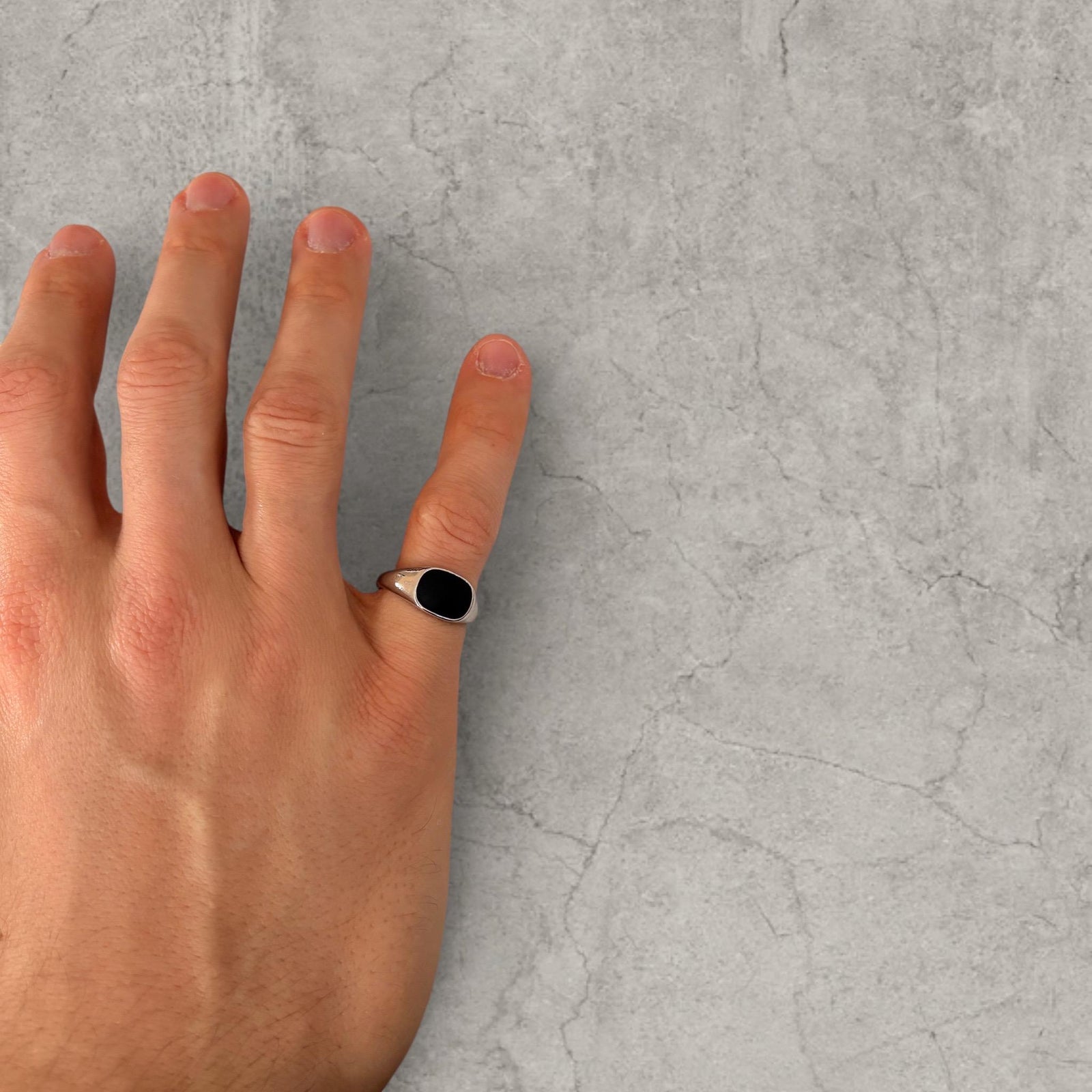 Cool vintage style silver colour stainless steel signet ring with black onyx gem.