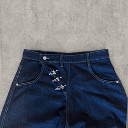 Wide leg skater jeans with silver military clasps in navy black