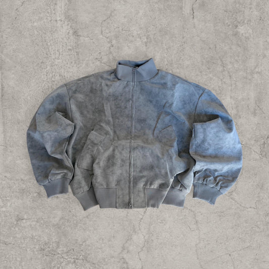 Grey vintage military style bomber jacket laid flat showing front with zip, pockets and ribbed cuffs