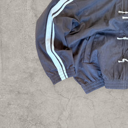 Incredible  boxy Korean zip-up sweatshirt jumper in grey/navy blue with stripe print.