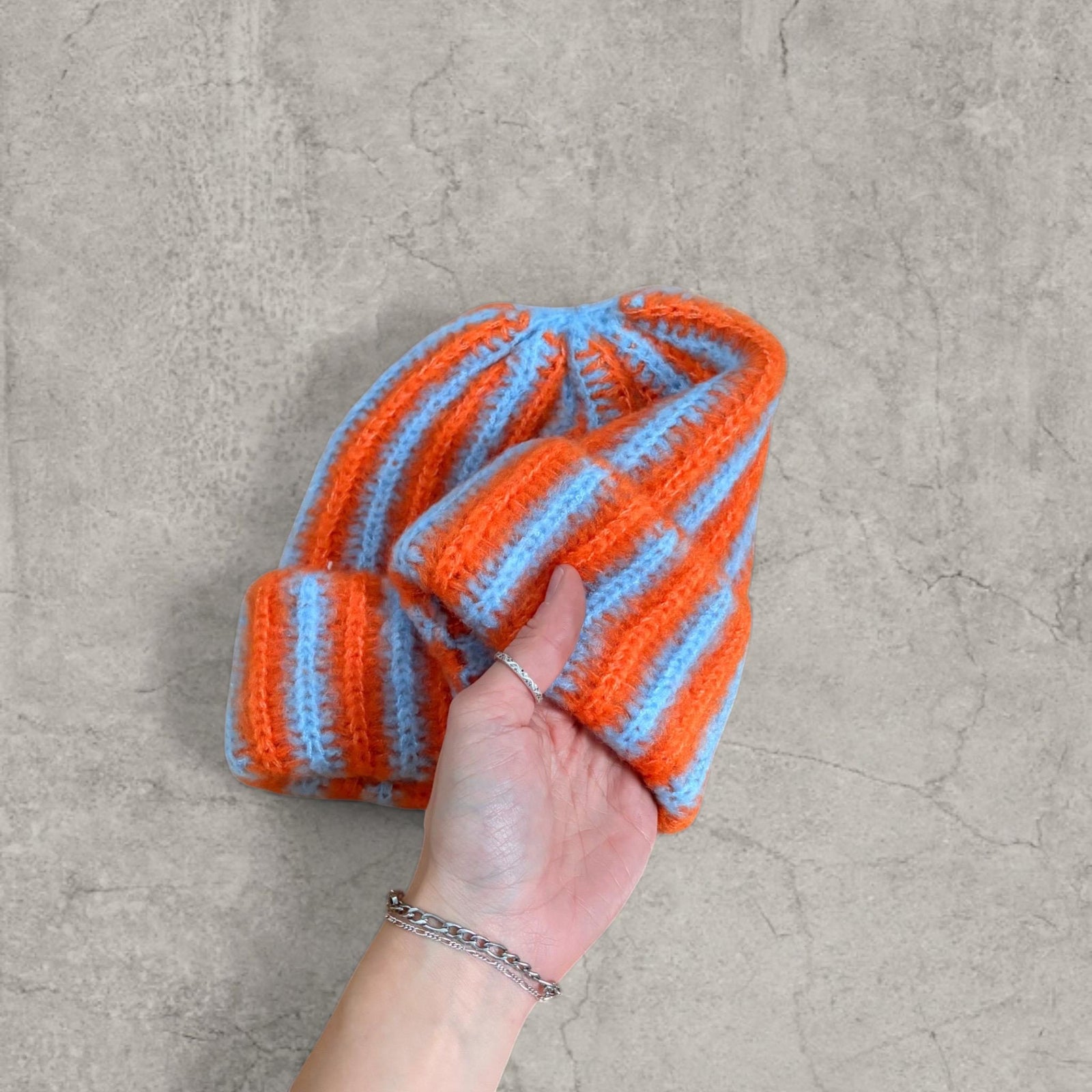 Orange Blue Striped Knit Beanie Hat – Fluffy Winter Warmth