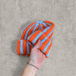 Orange Blue Striped Knit Beanie Hat – Fluffy Winter Warmth