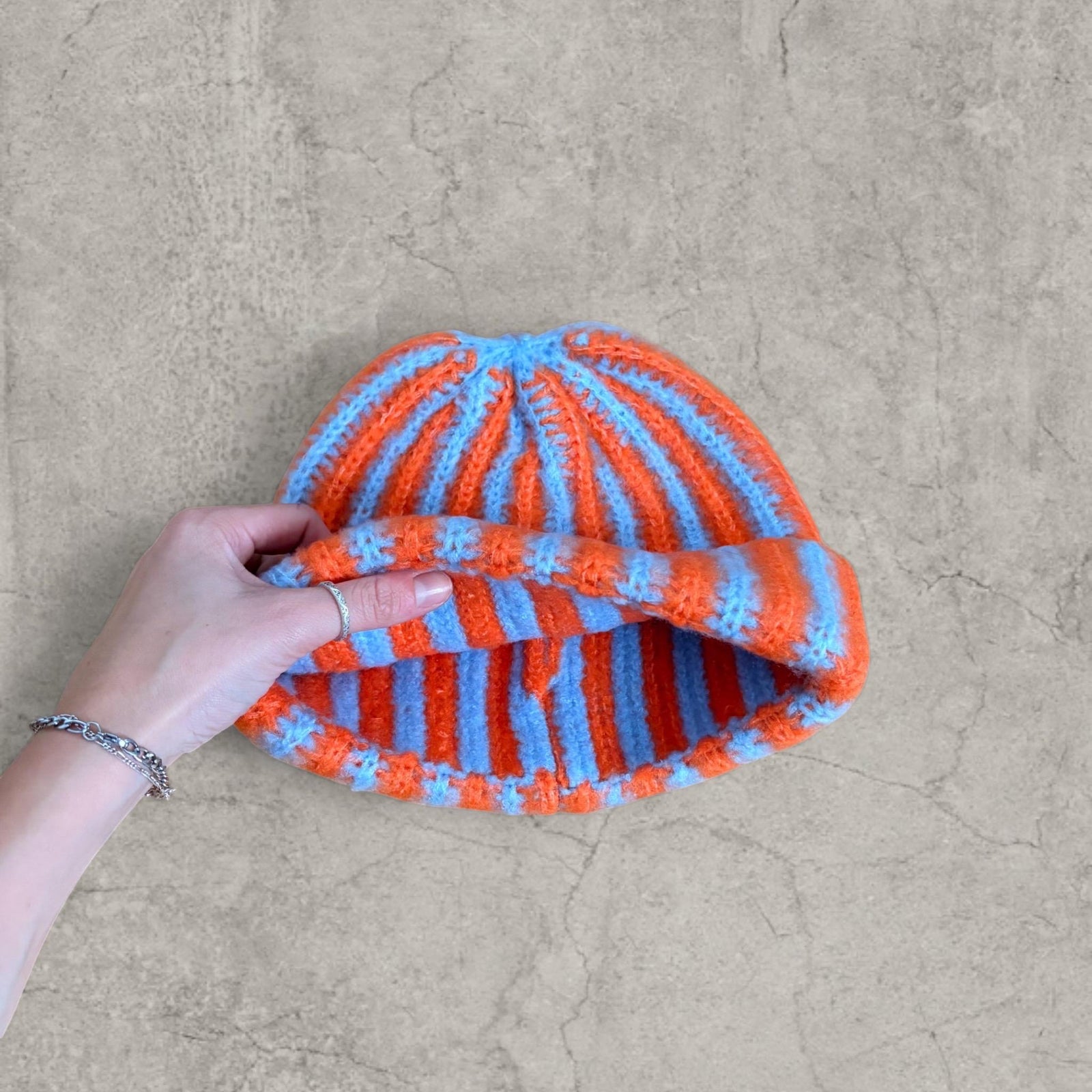 Orange Blue Striped Knit Beanie Hat – Fluffy Winter Warmth