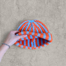 Orange Blue Striped Knit Beanie Hat – Fluffy Winter Warmth