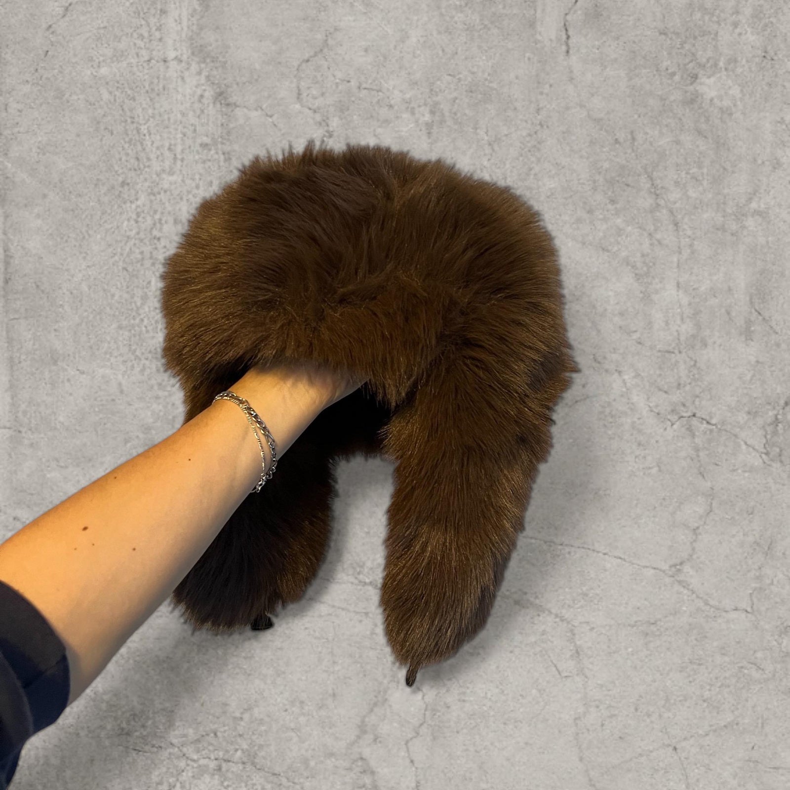 Russian Ushanka fluffy winter hat in brown grey faux fur thick fluff. One size.