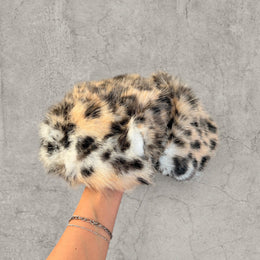 Russian Ushanka fluffy winter hat in cream beige leopard print with faux fur fluff. One size.