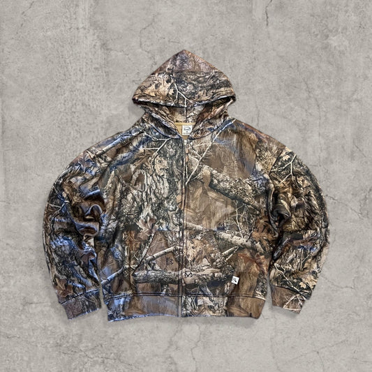 Realtree camo zip-up hoodie laid flat with hood up showing full front view