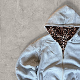 Incredible baggy boxy Korean zip-up hoodie jumper in grey with leopard print.