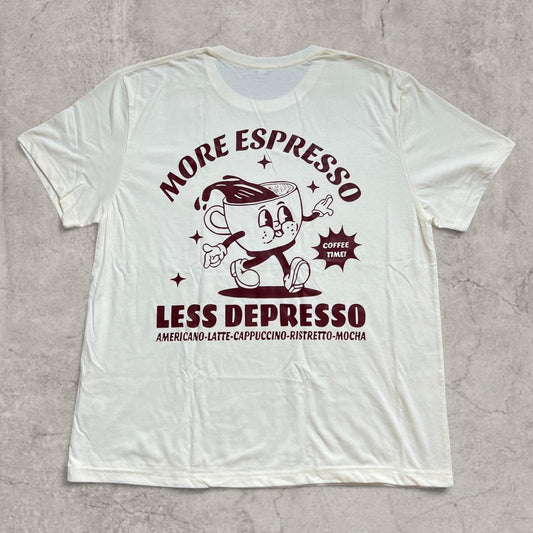 Back view of white T-shirt with large brown vintage style espresso coffee graphic and text