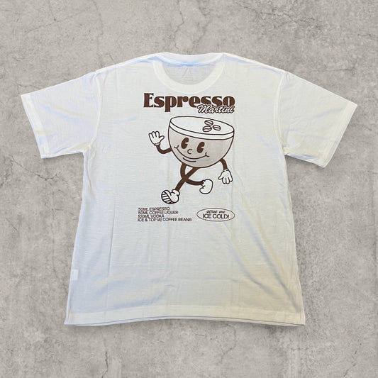 White T-shirt laid flat showing large walking espresso martini glass graphic in brown on front