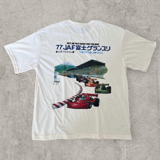 Cream T-shirt showing large vintage style racing cars and Japanese text graphic on the back
