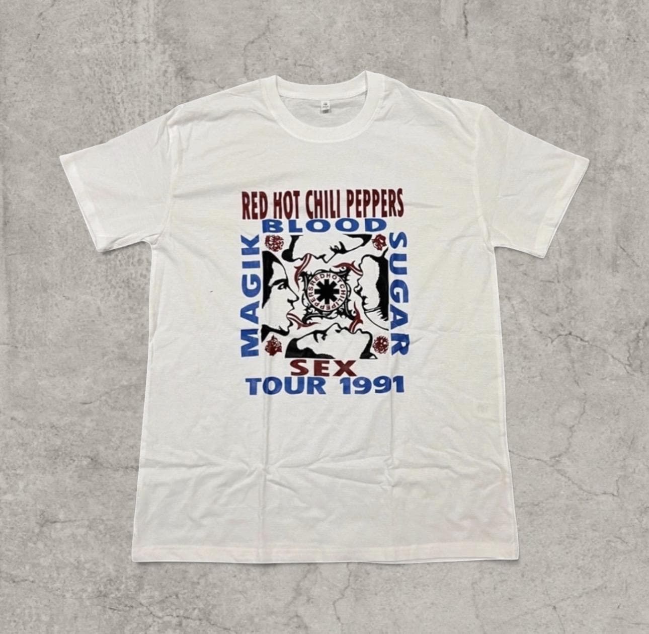Red Hot Chilli Peppers vintage style T-shirt with front graphic in white.