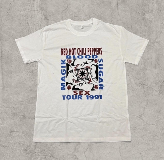 White Red Hot Chili Peppers vintage T-shirt with large front graphic in red, blue and black featuring band faces and tour text