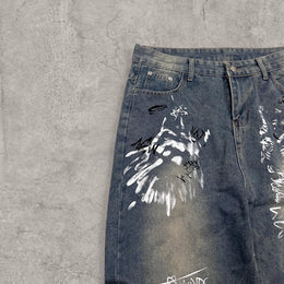 Insane baggy relaxed fit in washed  blue with graffiti white black print.