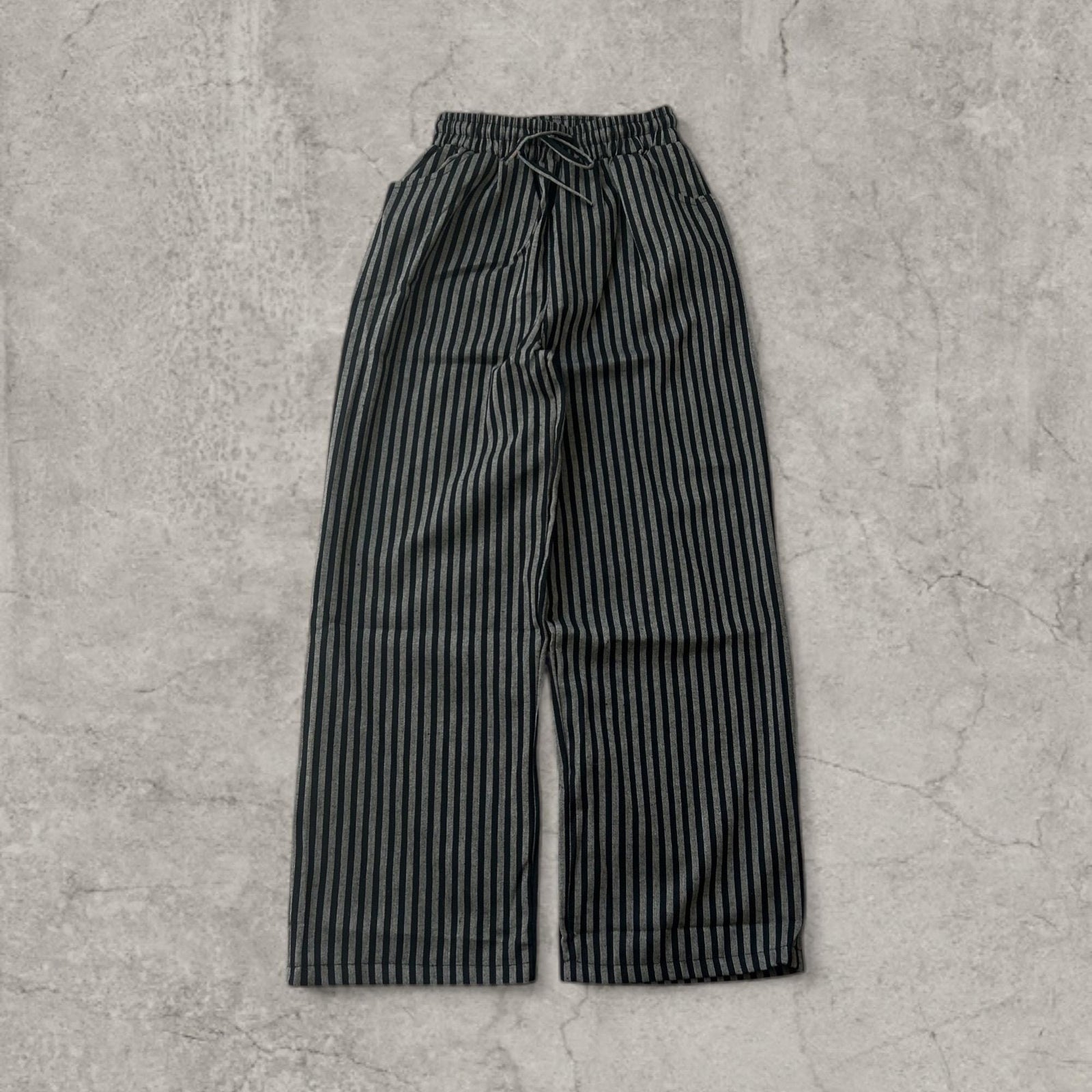 Vintage Style Striped Wide Leg Trousers: Grey/Black pinstripe, Drawstring Waist.