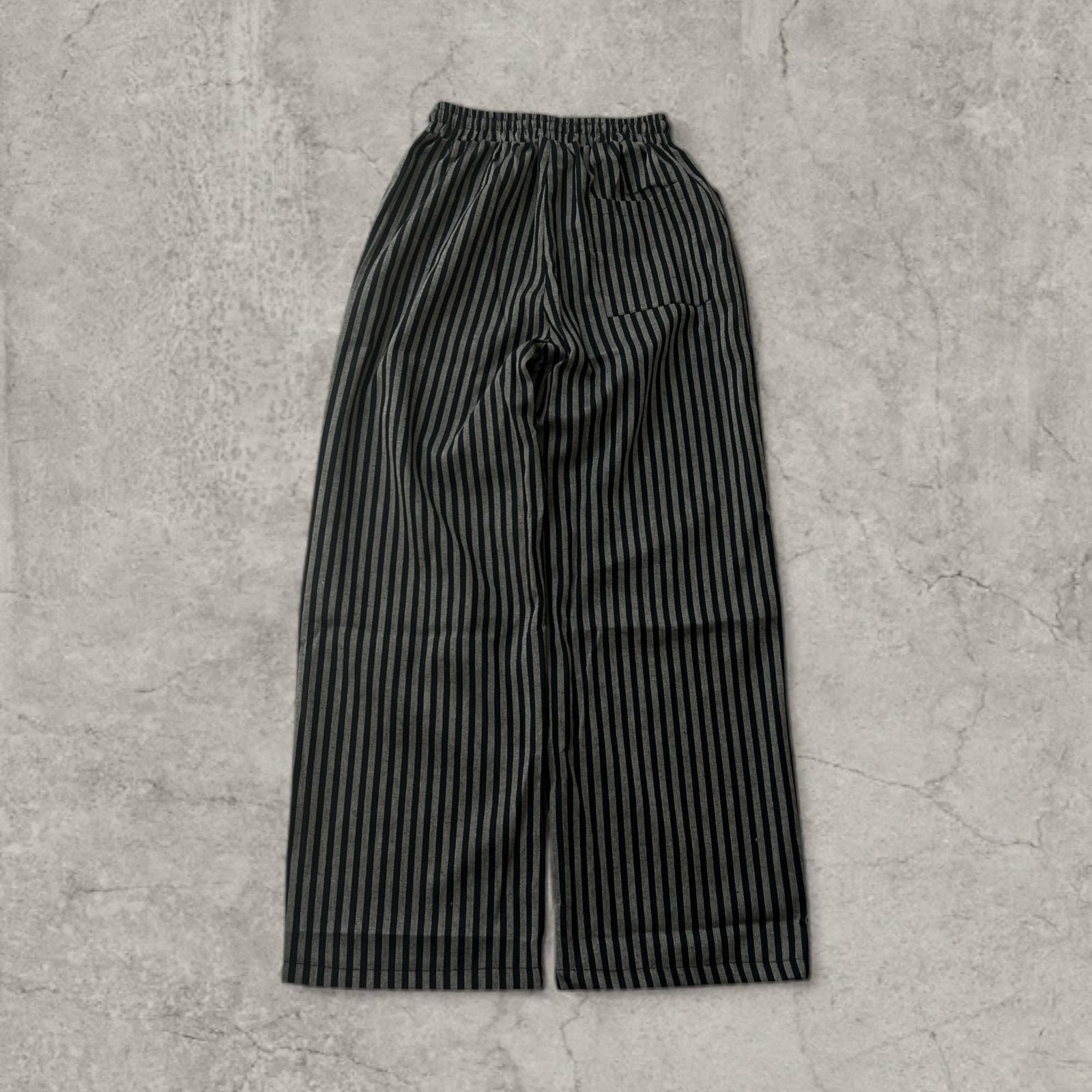 Vintage Style Striped Wide Leg Trousers: Grey/Black pinstripe, Drawstring Waist.