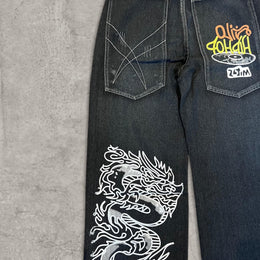 wide leg skater Japanese style dragon jeans in navy blue.