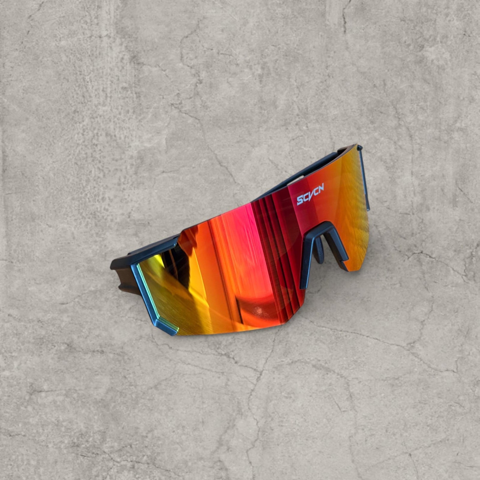 Insane sport sunglasses in black with red orange yellow reflective lenses. One size