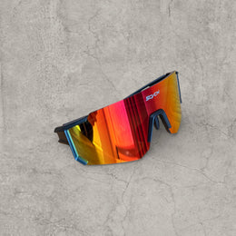 Insane sport sunglasses in black with red orange yellow reflective lenses. One size