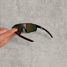 Insane sport sunglasses in black with red orange yellow reflective lenses. One size