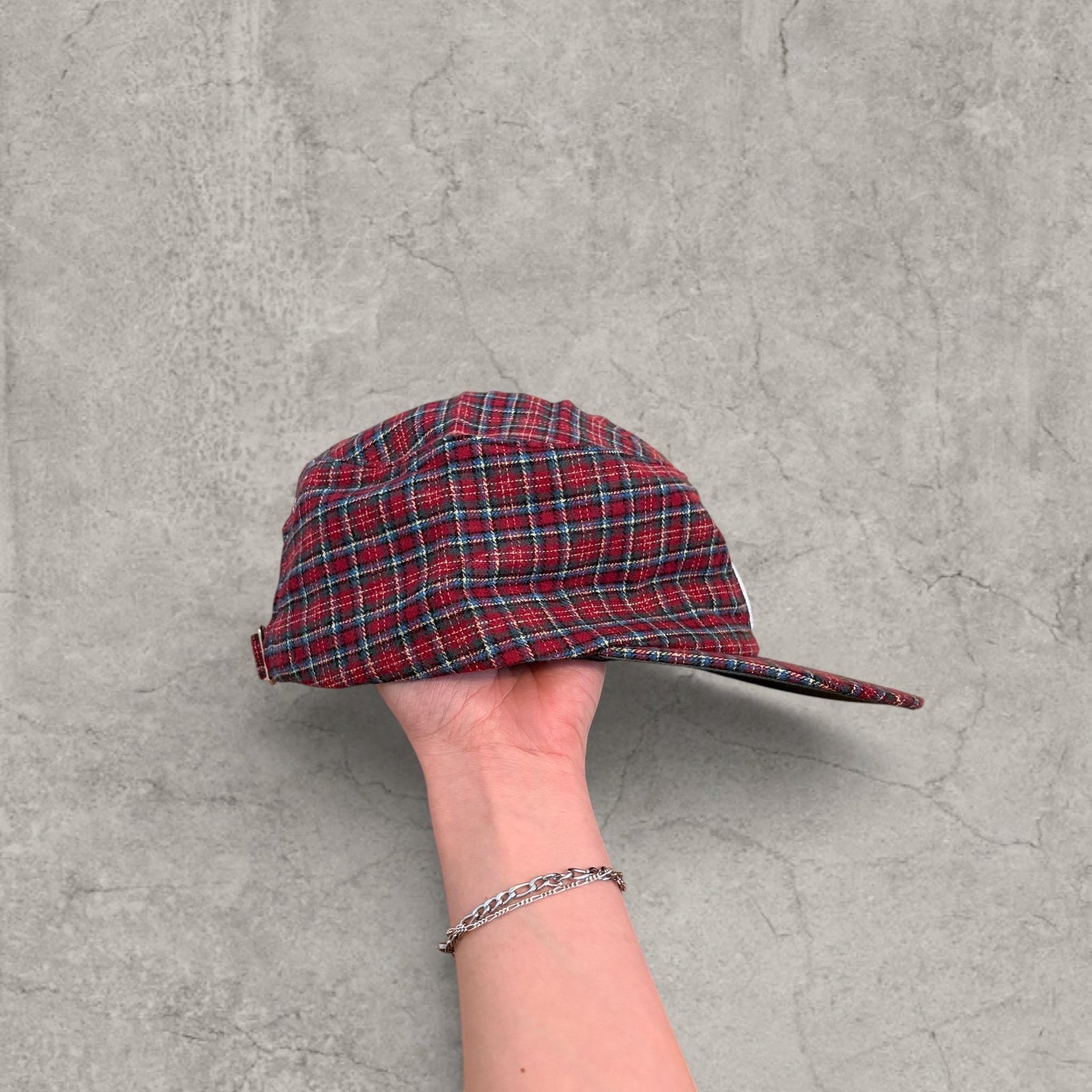 Vintage style baseball cap in plaid checkered red burgundy white with white logo