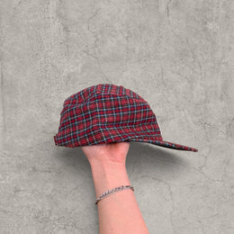 Vintage style baseball cap in plaid checkered red burgundy white with white logo