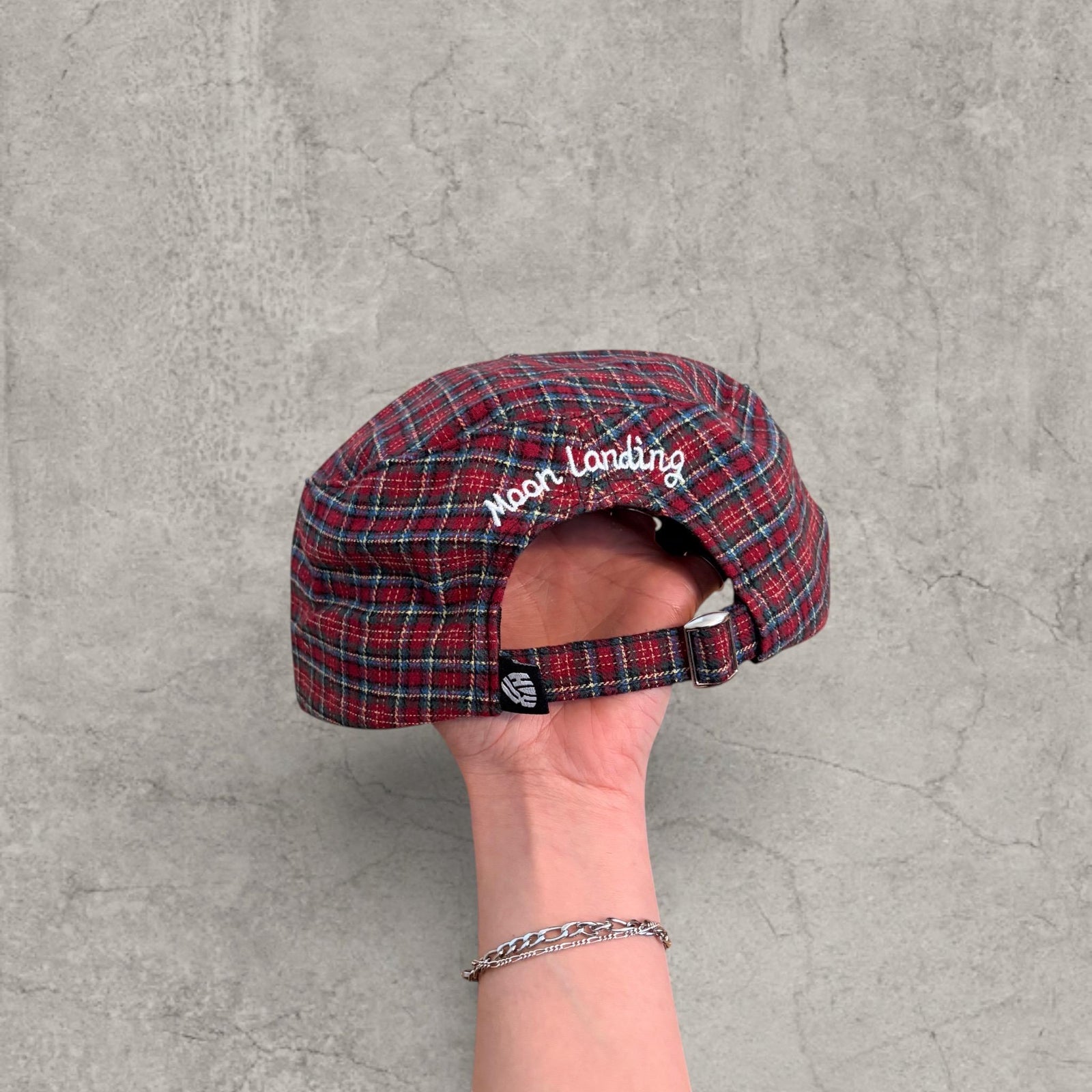 Vintage style baseball cap in plaid checkered red burgundy white with white logo