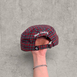 Vintage style baseball cap in plaid checkered red burgundy white with white logo