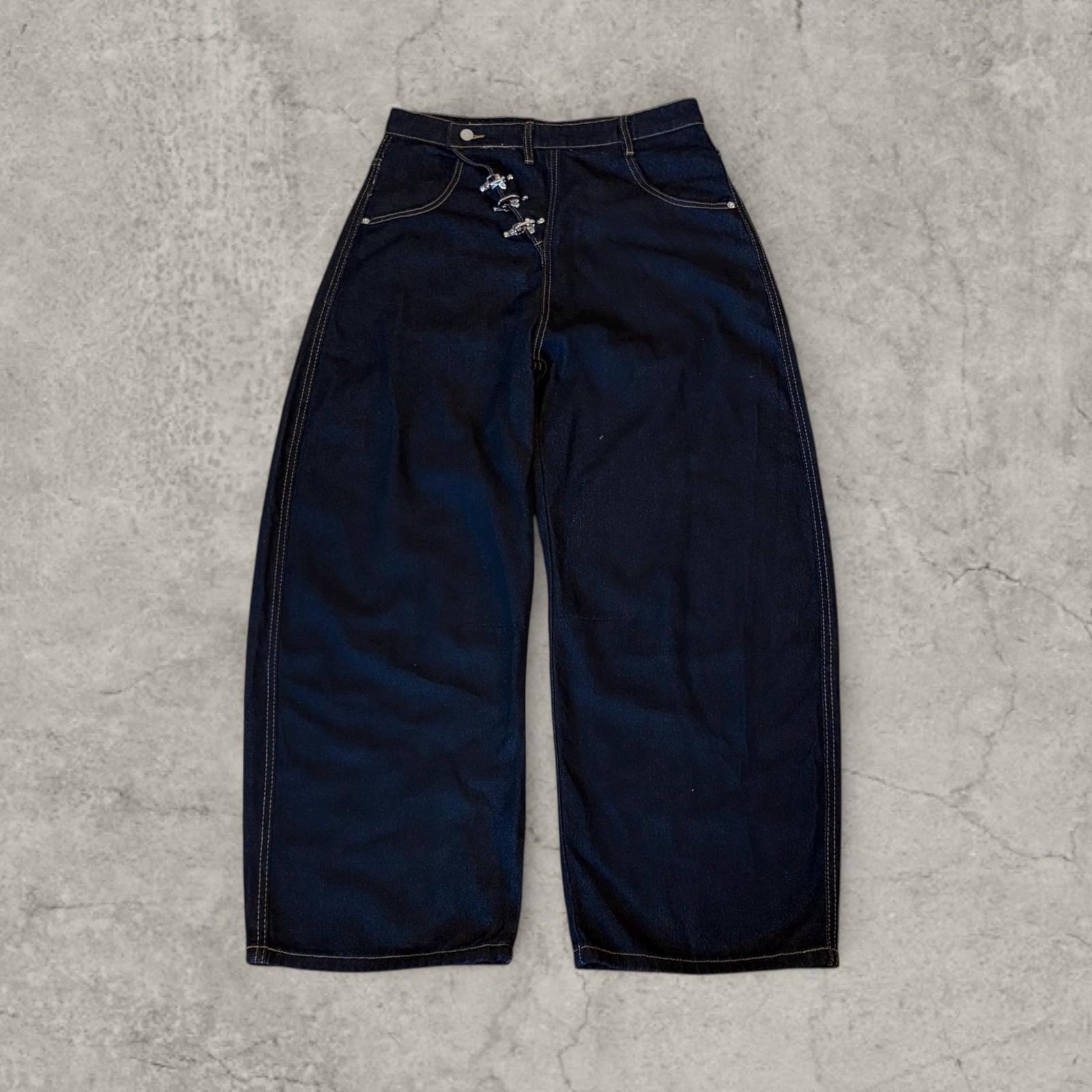 Wide leg skater jeans with silver military clasps in navy black